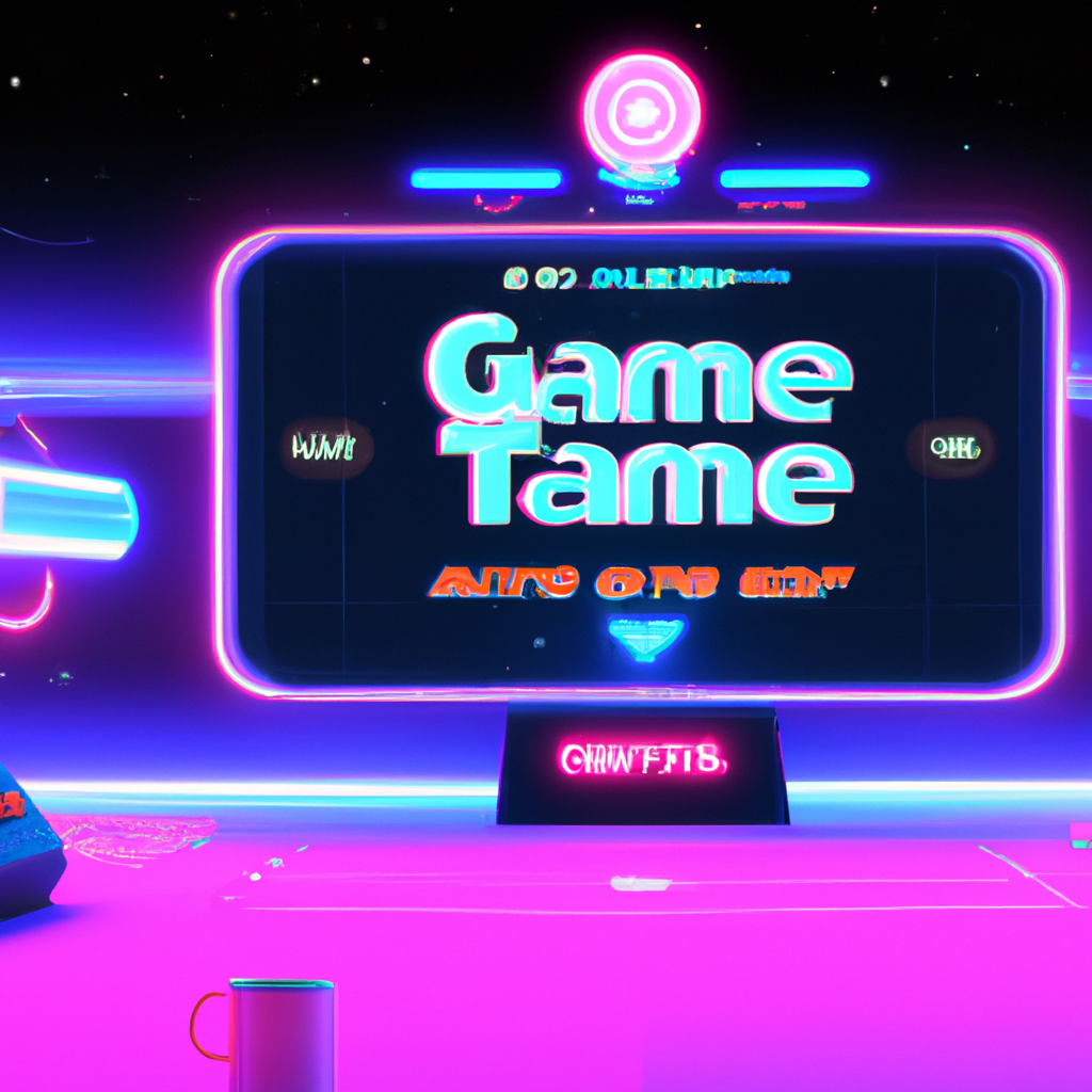Neon arcade concept with layered HUD and pixel art scene